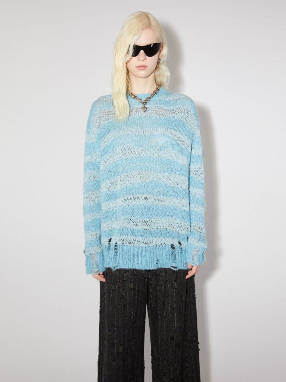 Acne Distressed Stripe Knit in Sky Blue/Powder Blue, size Small